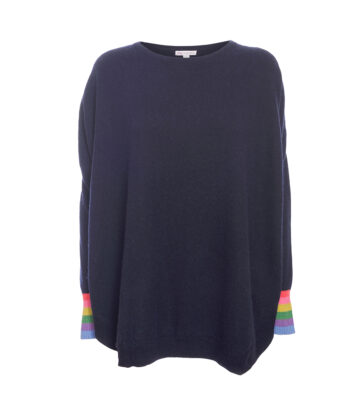 Cashmere Mix Rainbow Cuff Curved Hem Jumper - Navy Marl
