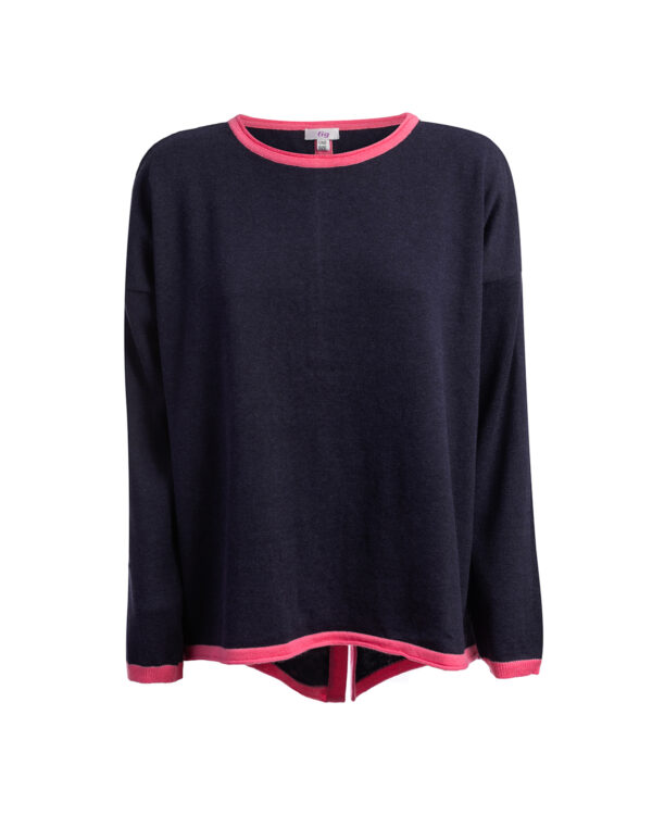 Organic Cotton Buttoned Back Jumper - Navy Marl/ Bright Pink
