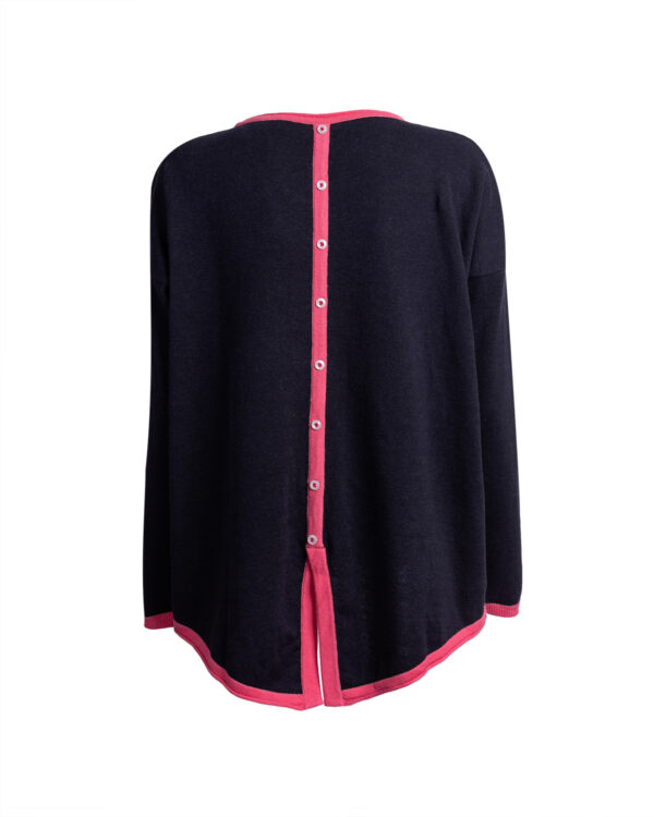 Organic Cotton Buttoned Back Jumper - Navy Marl/ Bright Pink