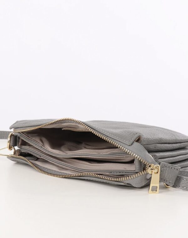 Leather Triple Section Crossbody Bag - Light Grey