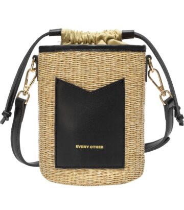 Features: Fabric drawstring lid Adjustable and detachable shoulder strap Basket bag elegantly designed in a cylinder shape Slip card pocket pouch at the front Minimal chic gold branding Colour: Black/Straw Measurements: 7″ in height and 5″ diameter Composition: 100% Rattan and PU Every Other Cylindrical Drawstring TopShoulder Black