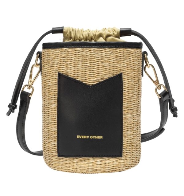 Features: Fabric drawstring lid Adjustable and detachable shoulder strap Basket bag elegantly designed in a cylinder shape Slip card pocket pouch at the front Minimal chic gold branding Colour: Black/Straw Measurements: 7″ in height and 5″ diameter Composition: 100% Rattan and PU Every Other Cylindrical Drawstring TopShoulder Black
