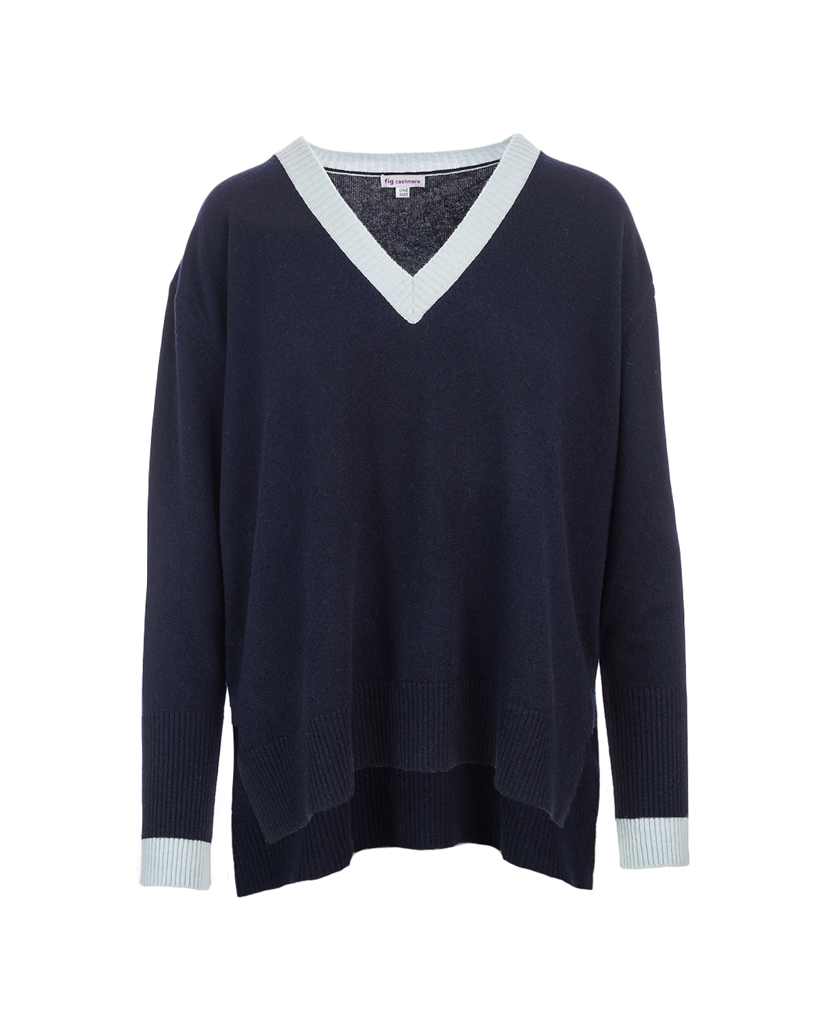 Cashmere Lambswool Holly V Neck Jumper - Navy/ Cloud Blue