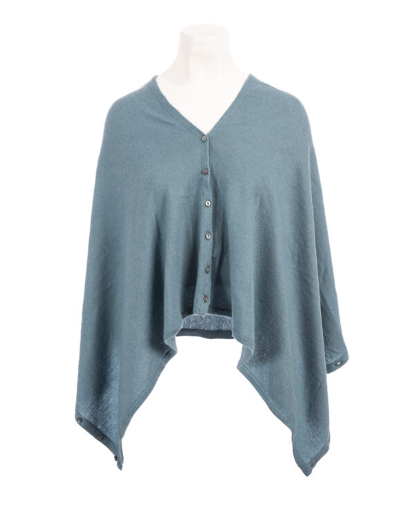 Cashmere Buttoned Poncho Wrap - Teal Blue - Image 2