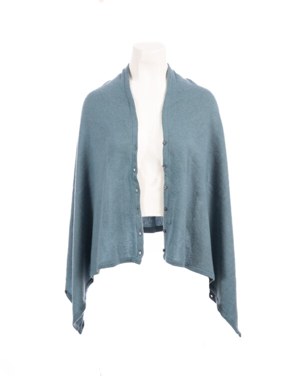 Cashmere Buttoned Poncho Wrap - Teal Blue - Image 3