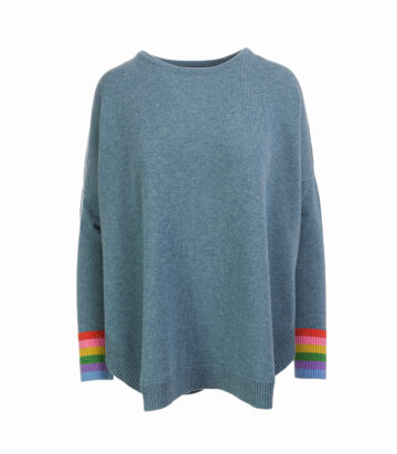 Cashmere Mix Rainbow Cuff Curved Hem Jumper - Teal Marl