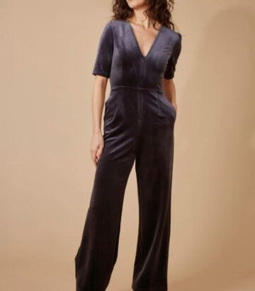 Traffic People Corduroy V-Neck Jumpsuit in Charcoal