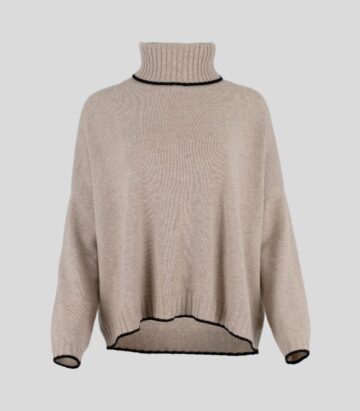 Cashmere Mix Roll Neck Box Knit Jumper - Stone Marl/Black