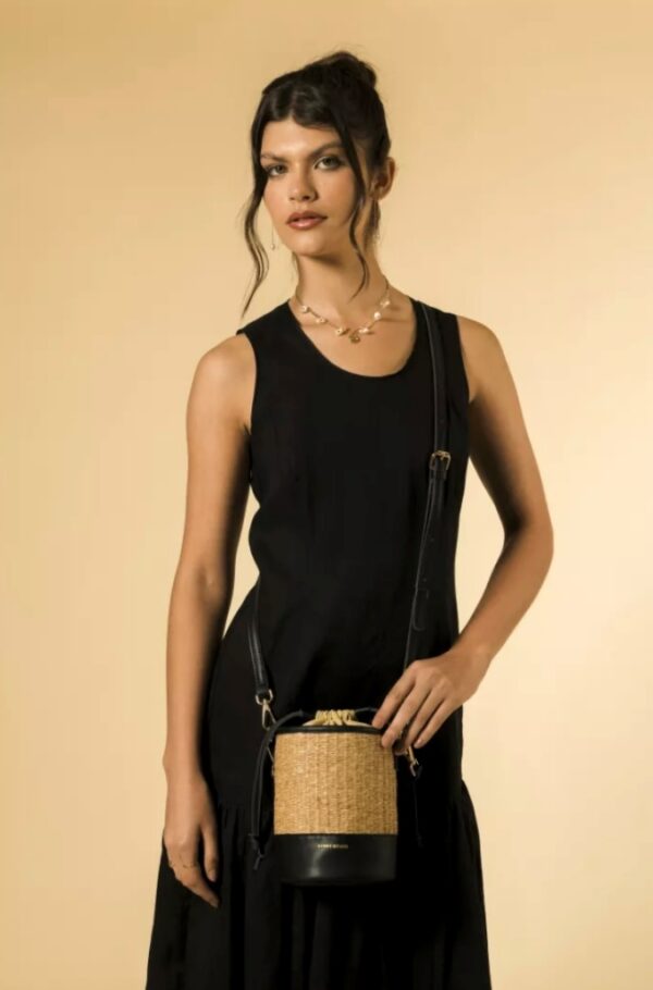 Every Other Soleil Rattan Drawstring Bucket Bag Black