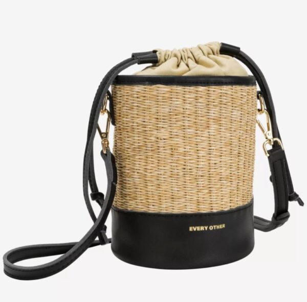 Every Other Soleil Rattan Drawstring Bucket Bag Black