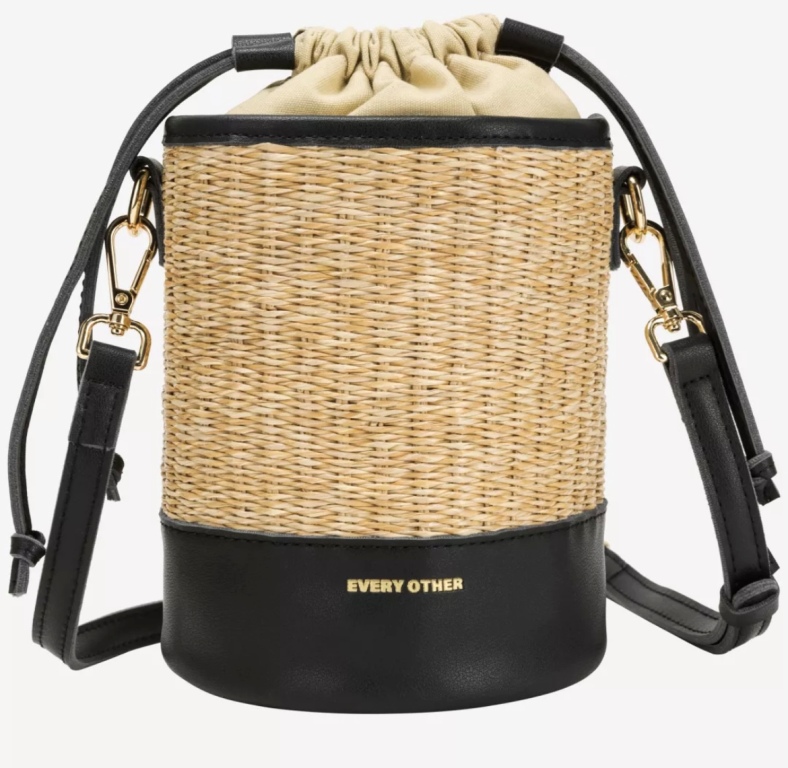 Every Other Soleil Rattan Drawstring Bucket Bag Black
