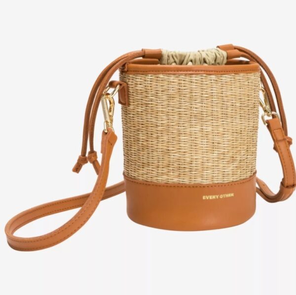 Every Other Soleil Rattan Drawstring Bucket Bag Tan