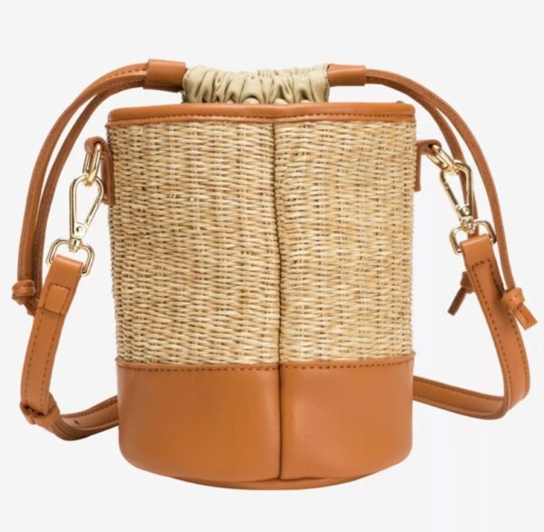 Every Other Soleil Rattan Drawstring Bucket Bag Tan
