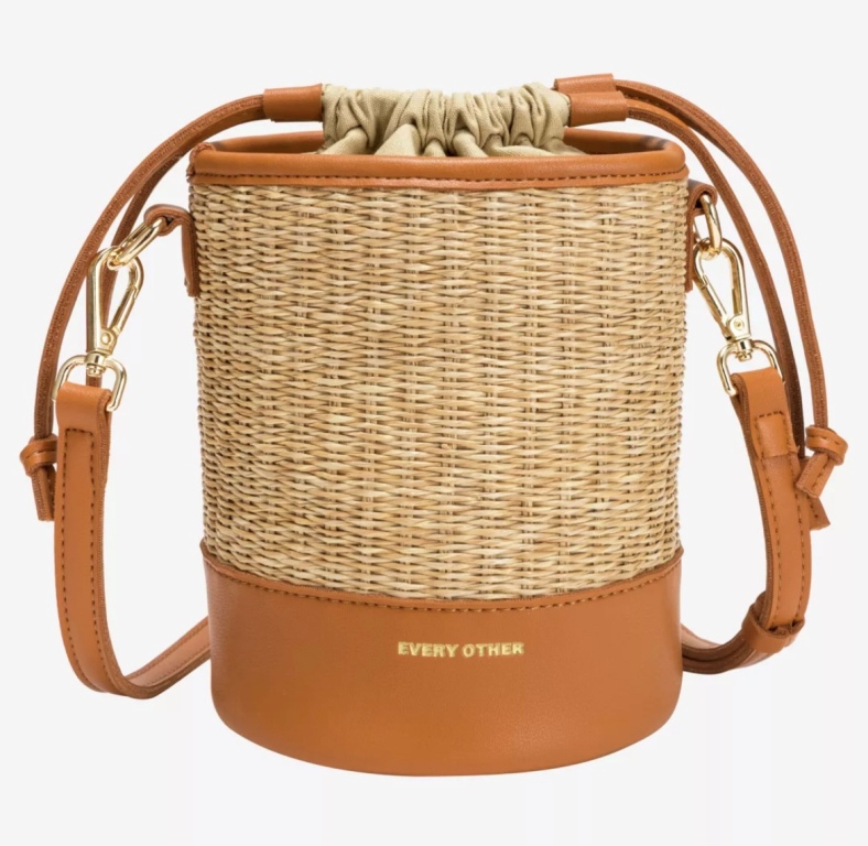 Every Other Soleil Rattan Drawstring Bucket Bag Tan