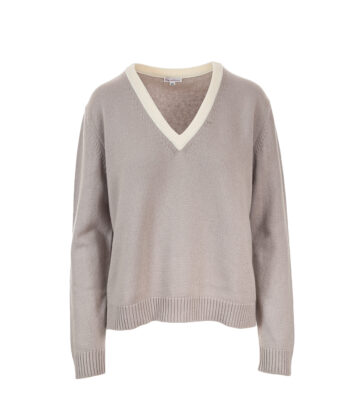 Cashmere Lambswool Willow V Neck Jumper - Mushroom/Ivory