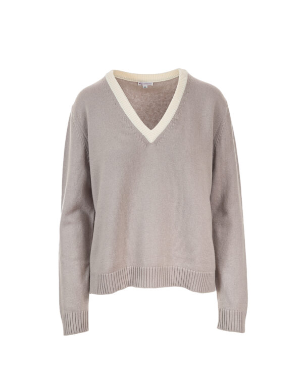 Cashmere Lambswool Willow V Neck Jumper - Mushroom/Ivory