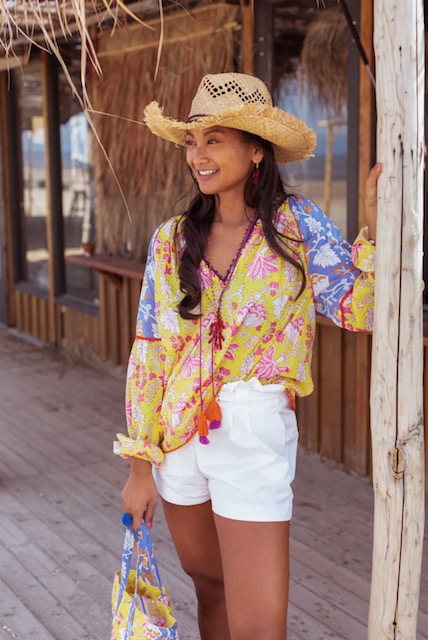 S25325 Yellow Lila Print Top