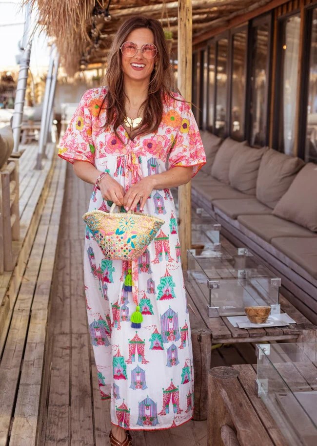 Place du Soleil S25443 Mix Print Long Dress Tea Tents Pink
