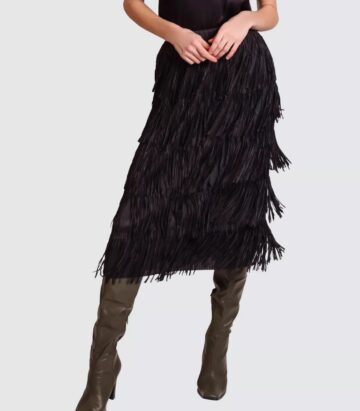 Traffic People Gloria Tiered Fringe Midi Skirt Black