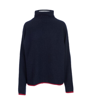 Cashmere Mix Funnel Neck Jumper with Contrast edge - Navy/Flame