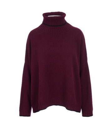 Cashmere Mix Roll Neck Box Knit Jumper – Burgundy/Black