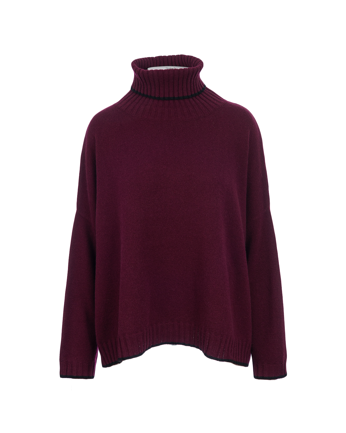 Cashmere Mix Roll Neck Box Knit Jumper – Burgundy/Black