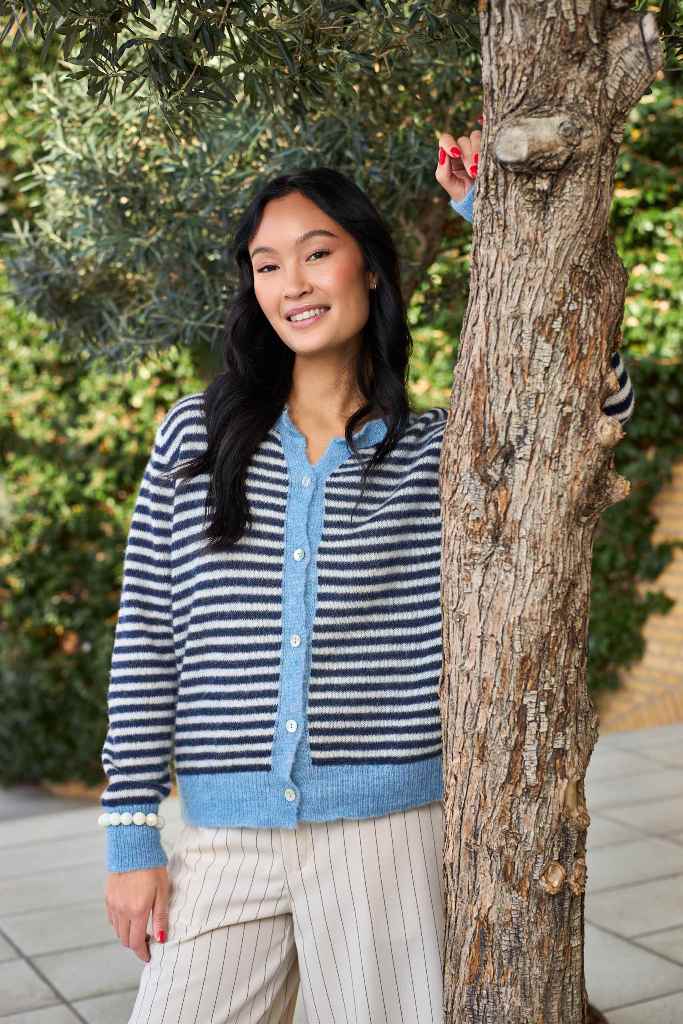 Black Colour DELL Striped Knit Cardigan - Navy