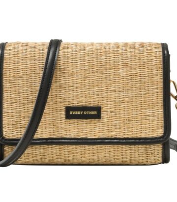 Every Other Straw Flap Over Cross Body Bag Black