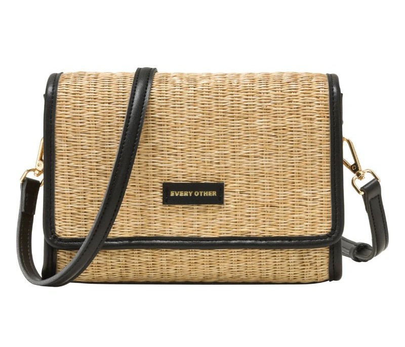 Every Other Straw Flap Over Cross Body Bag Black