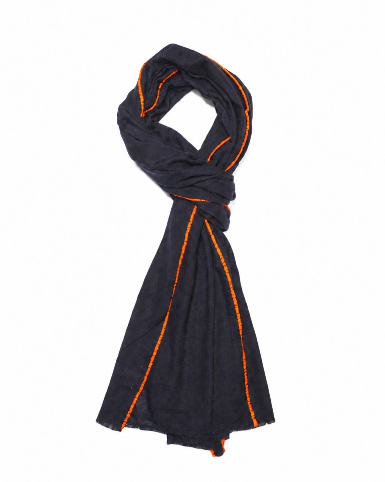 Cashmere Blend Contrast Edge Large Scarf- Navy/Orange