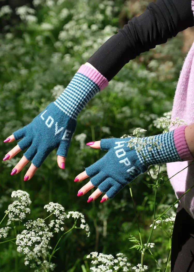 Love & Hope Fingerless Gloves in Teal and Pink