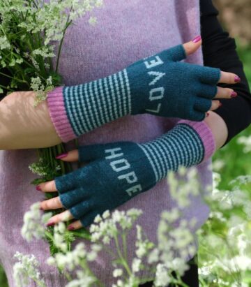 Love & Hope Fingerless Gloves in Teal and Pink