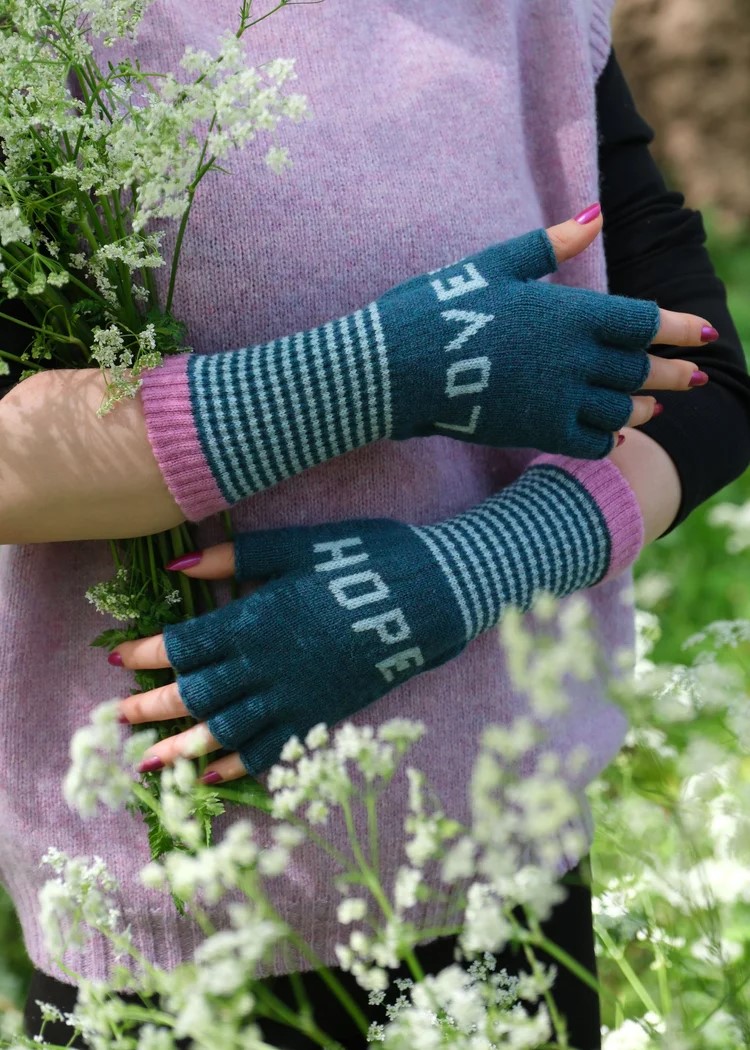 Love & Hope Fingerless Gloves in Teal and Pink
