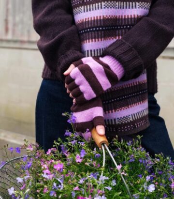 Stripe Fingerless Gloves in Lilac and Chocolate