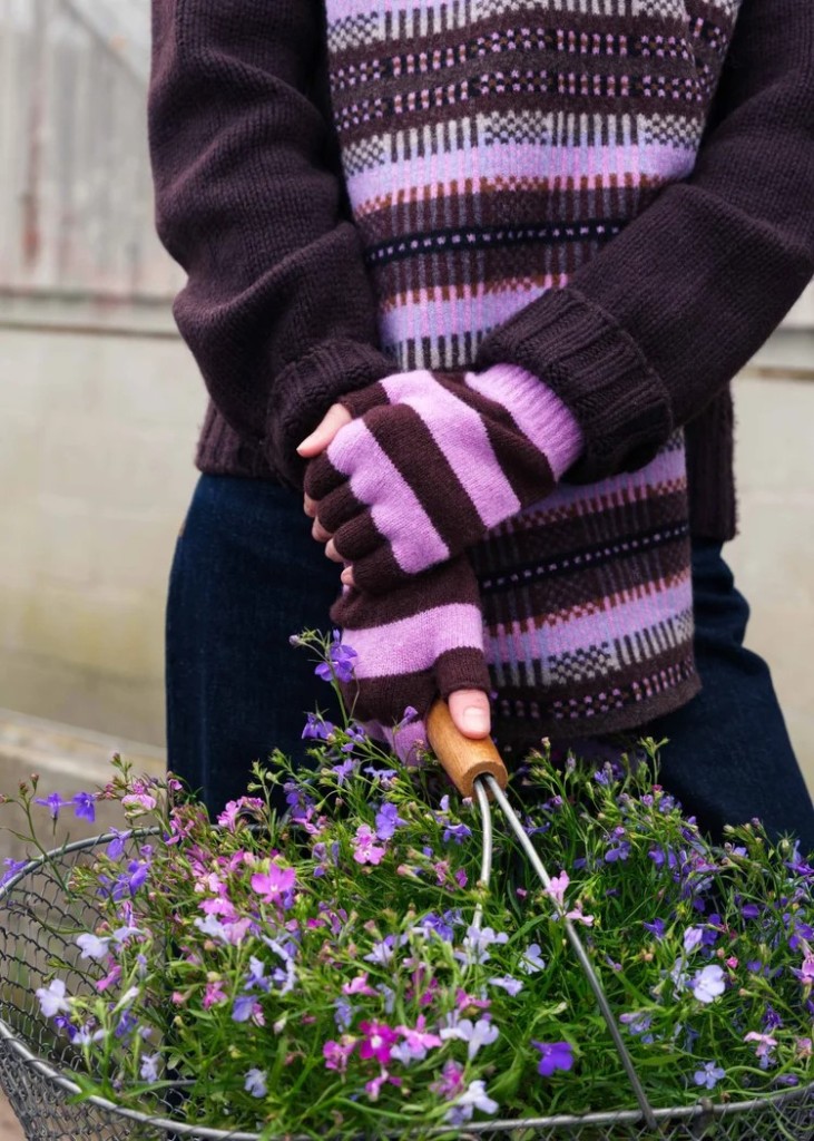 Stripe Fingerless Gloves in Lilac and Chocolate