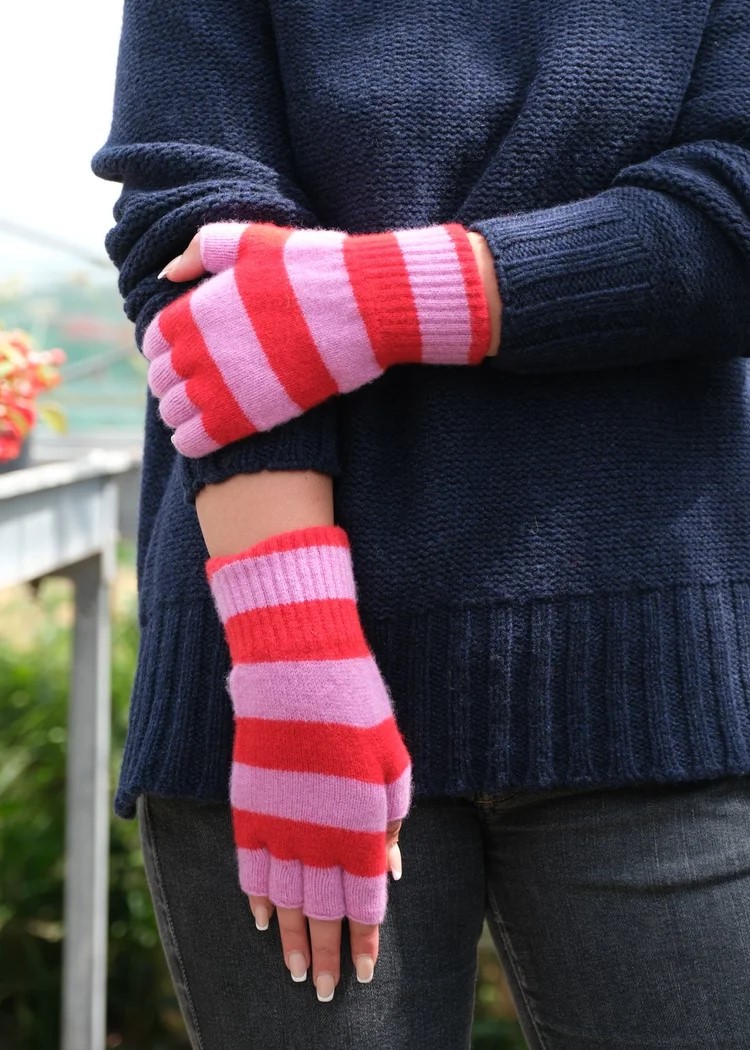 Stripe Fingerless Gloves in Pink and RED