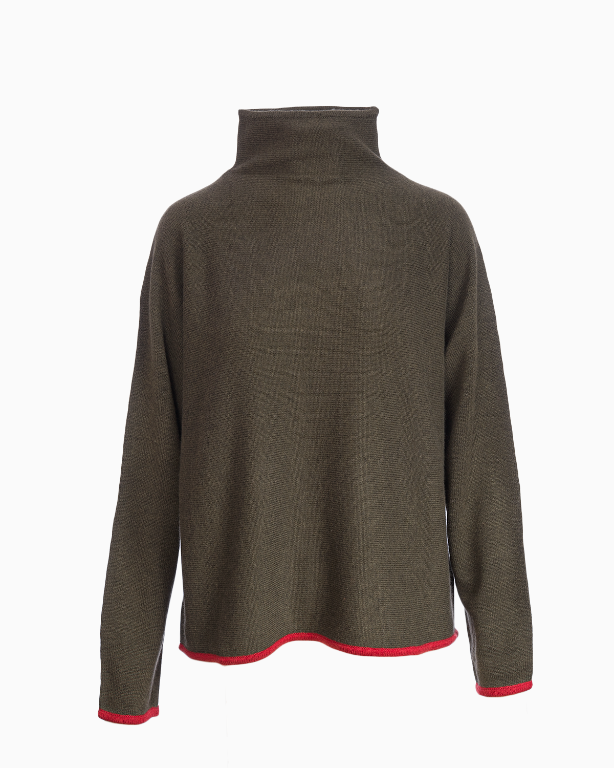 Cashmere Mix Funnel Neck Jumper with Contrast edge - Fir green/Rust