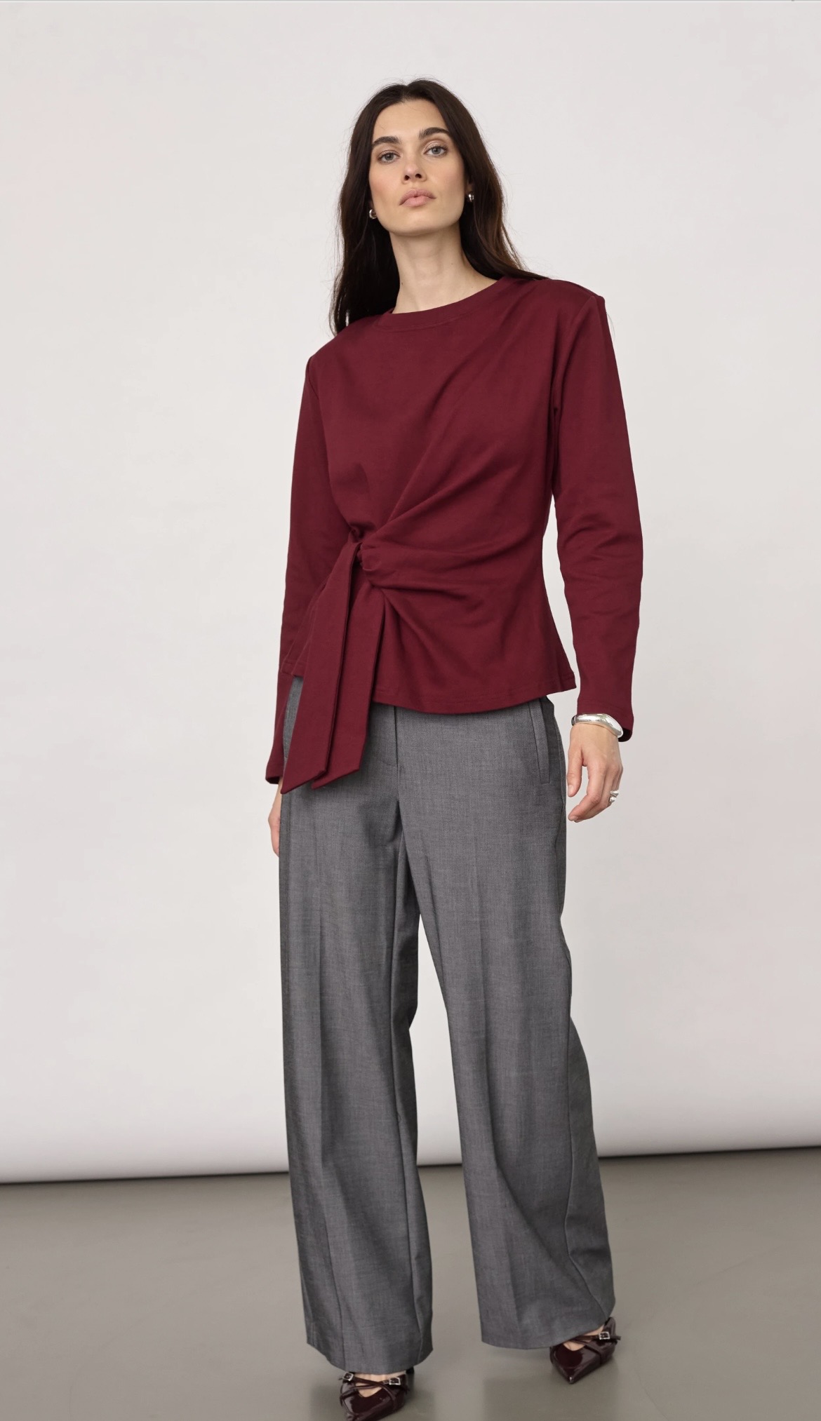 Co Couture OrianeCC LS Pleat Tie Tee - Wine Red
