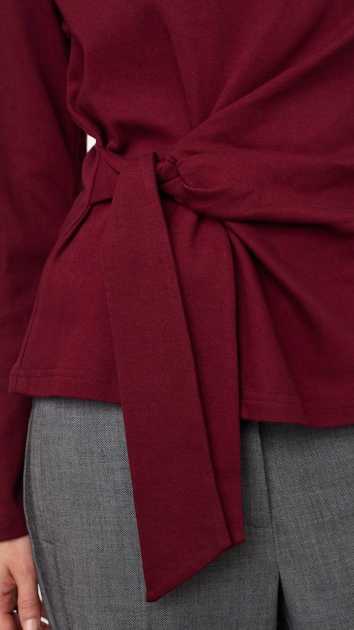 Co Couture OrianeCC LS Pleat Tie Tee - Wine Red
