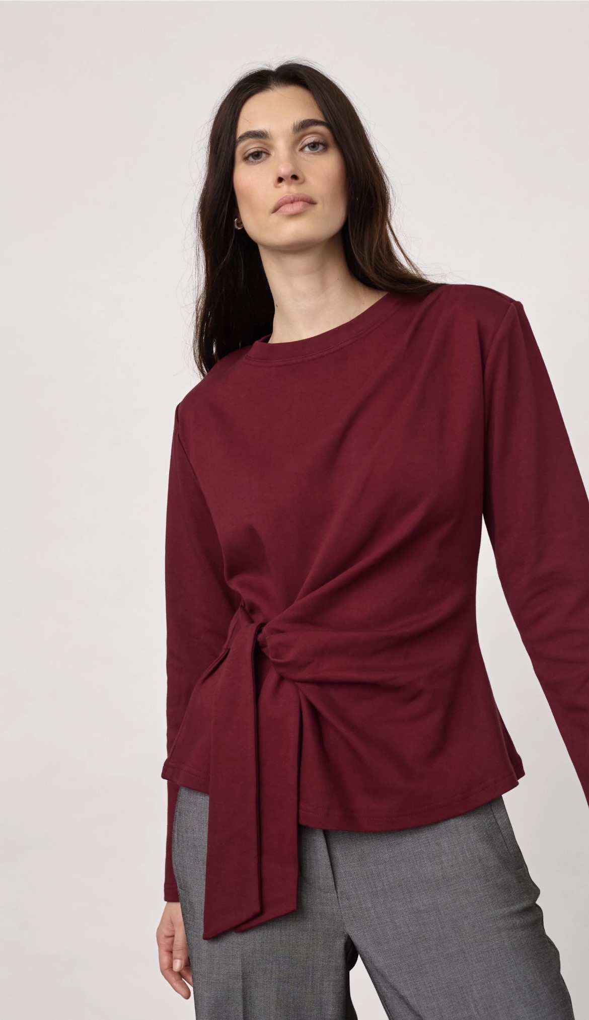 Co Couture OrianeCC LS Pleat Tie Tee - Wine Red